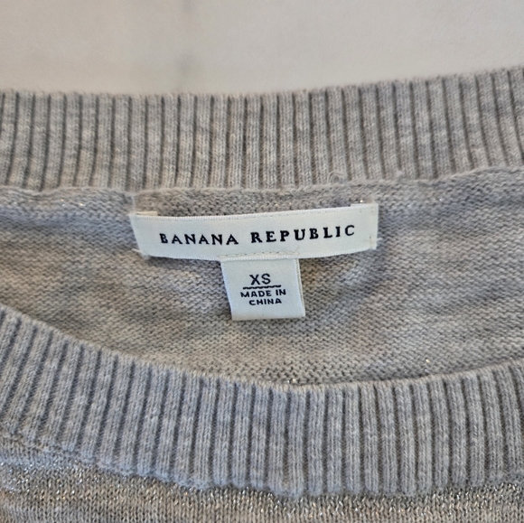 Banana Republic Gray Knit Short Sleeve Tinsel Striped Cotton Blend Sweater XS - Picture 3 of 7
